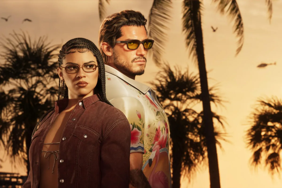 Arte oficial de GTA VI com Lucia e Jason usada em notícia sobre a pré-venda.