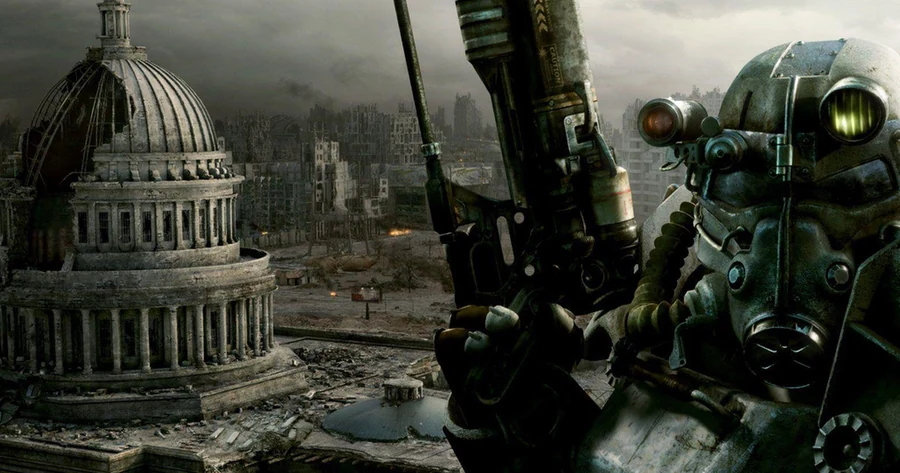 Soldado com armadura da Irmandade do Aço observa as ruínas de Washington na arte oficial de Fallout 3.