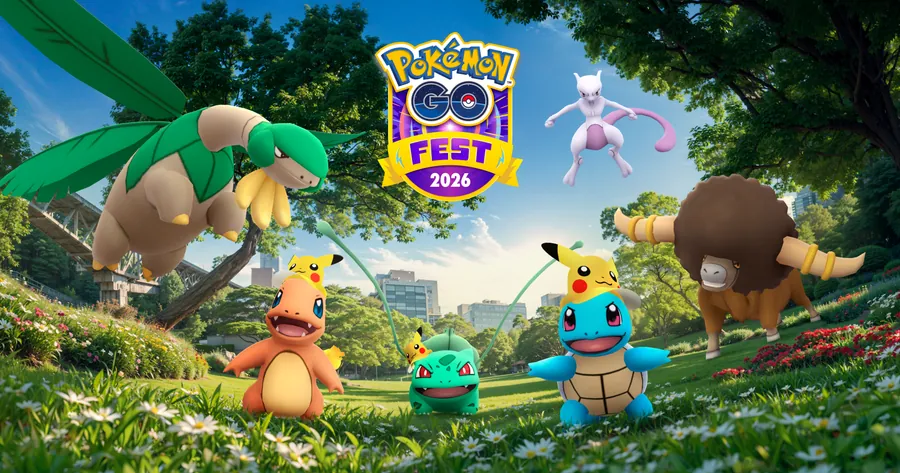 Mewtwo, Pikachu fantasiados e outros Pokémon aparecem na arte oficial do Pokémon GO Fest 2026.