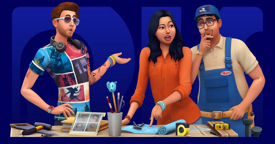 Sims reunidos em torno de uma mesa na arte oficial da atualização de The Sims 4.