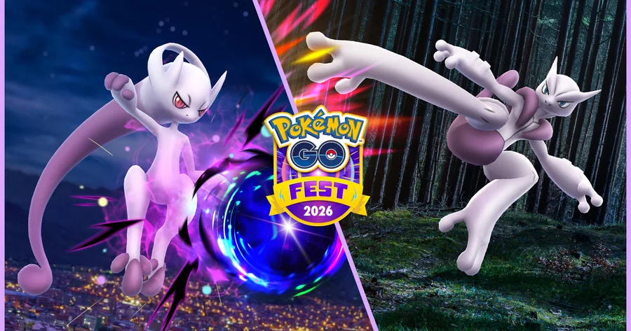 Mega Mewtwo Y e Mega Mewtwo X aparecem ao redor do logotipo do Pokémon GO Fest 2026.