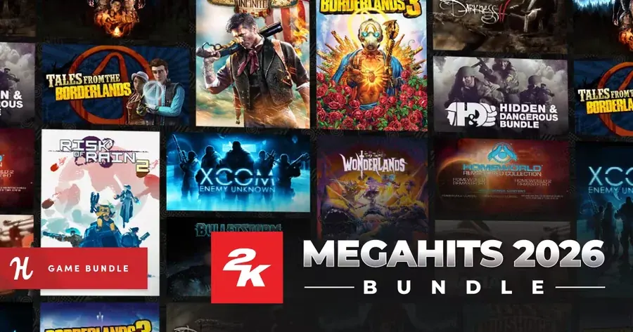 Capas de jogos como Borderlands 3, BioShock Infinite e Risk of Rain 2 formam a arte oficial do 2K Megahits 2026 Bundle.