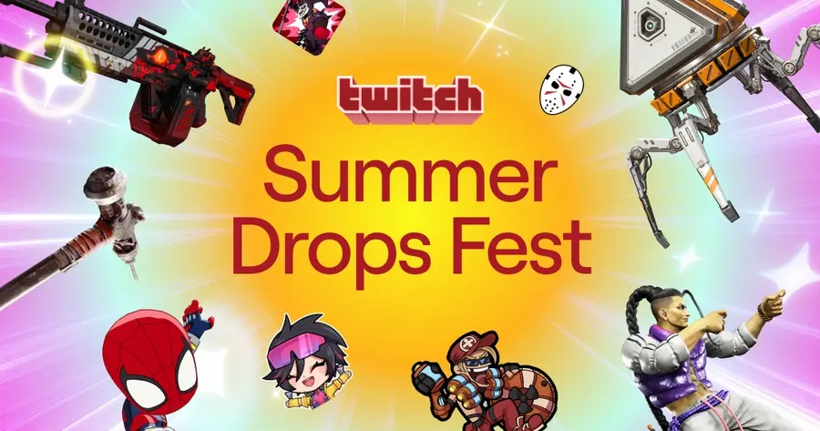 Arte oficial do Twitch Summer Drops Fest com personagens e itens de jogos participantes.