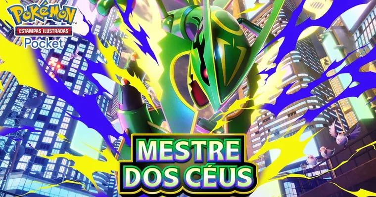 Mega Rayquaza sobre uma cidade na arte oficial de Mestre dos Céus para Pokémon TCG Pocket.