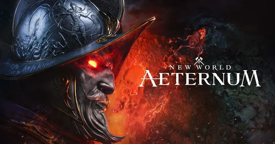 Guerreiro dividido por luzes vermelha e azul na arte oficial de New World: Aeternum.
