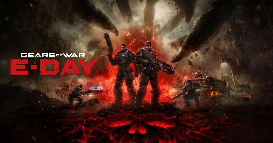 Marcus Fenix e Dominic Santiago diante da invasão Locust na arte oficial de Gears of War: E-Day.