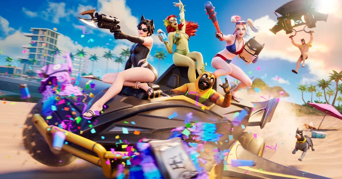 Personagens da DC participam do evento Hot Bat Summer na arte oficial horizontal de Fortnite.