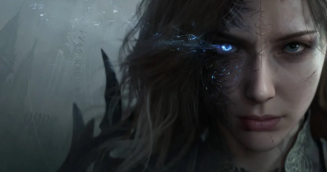 Gwendolyn aparece em primeiro plano com parte do rosto tomada por energia azul na arte oficial de Tides of Annihilation.