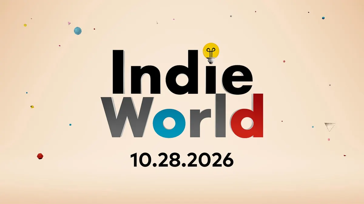 Logotipo do Indie World com a data 10.28.2026 sobre fundo bege com pequenas formas coloridas.