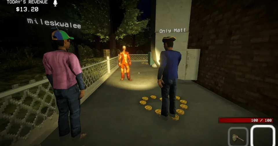 Dois jogadores investigam um cliente suspeito em Shift At Midnight.