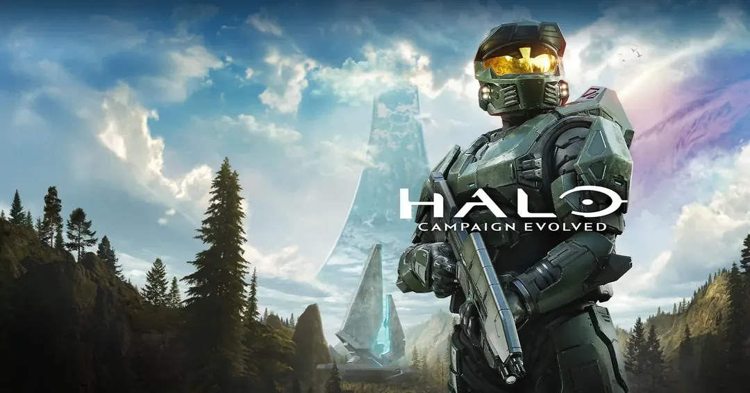 Master Chief diante do anel Halo na arte oficial de Halo: Campaign Evolved.