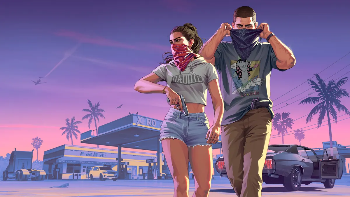 Jason e Lucia participam de um assalto na arte horizontal oficial de GTA VI.