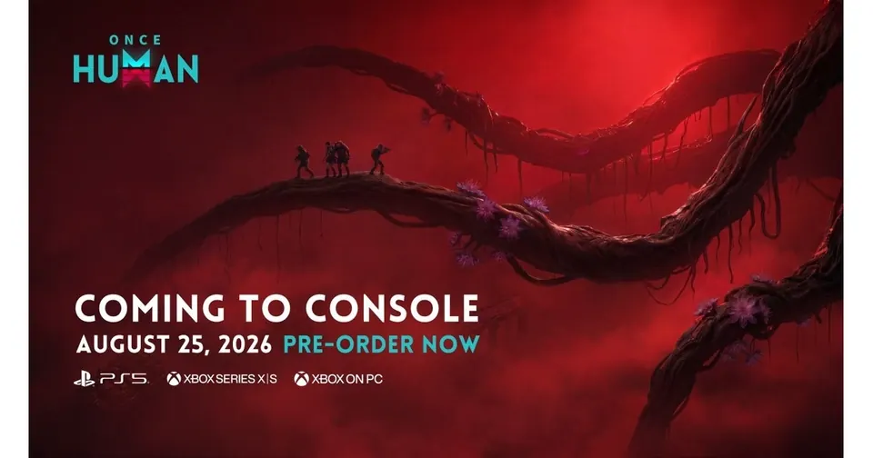 Quatro sobreviventes atravessam um cenário vermelho na arte oficial que anuncia Once Human para os consoles.