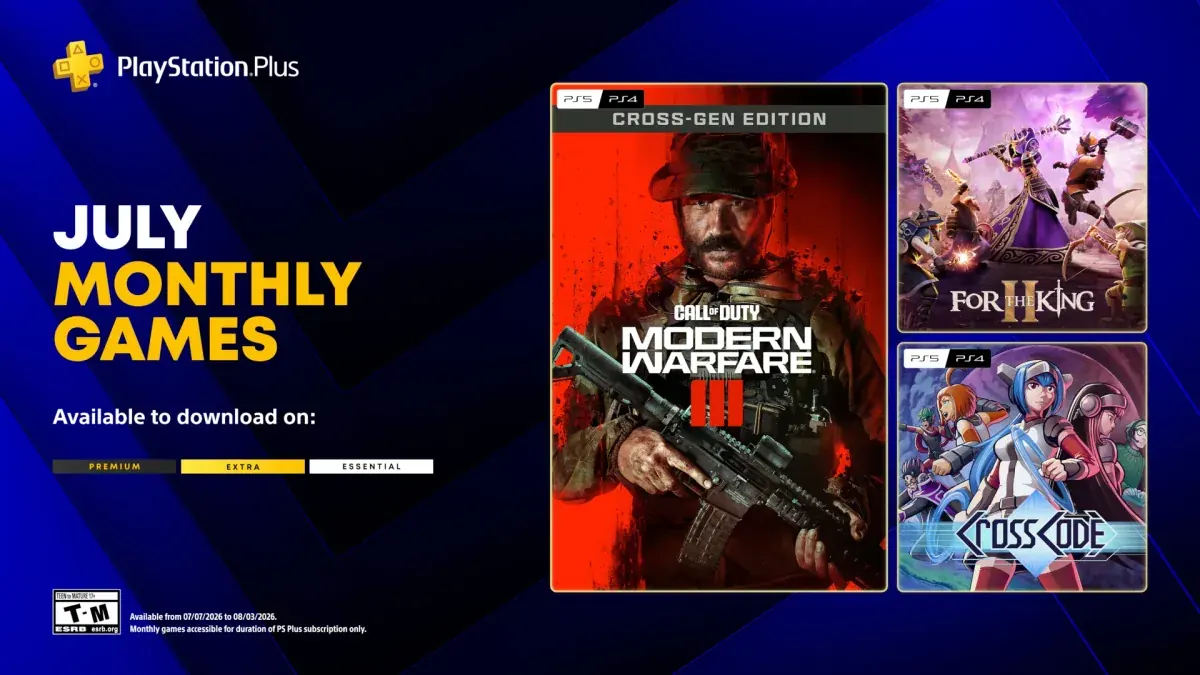 Imagem oficial do PlayStation Plus com Call of Duty: Modern Warfare III, For the King II e CrossCode.