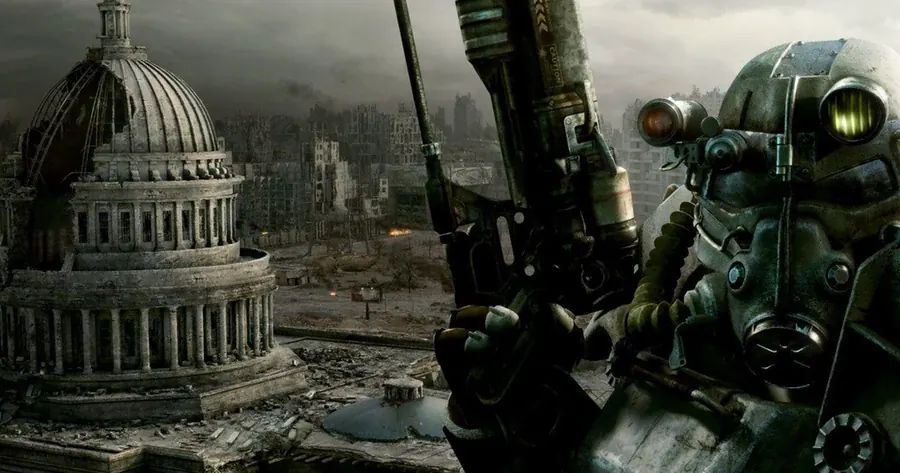 Soldado com armadura da Irmandade do Aço observa as ruínas de Washington na arte oficial de Fallout 3.