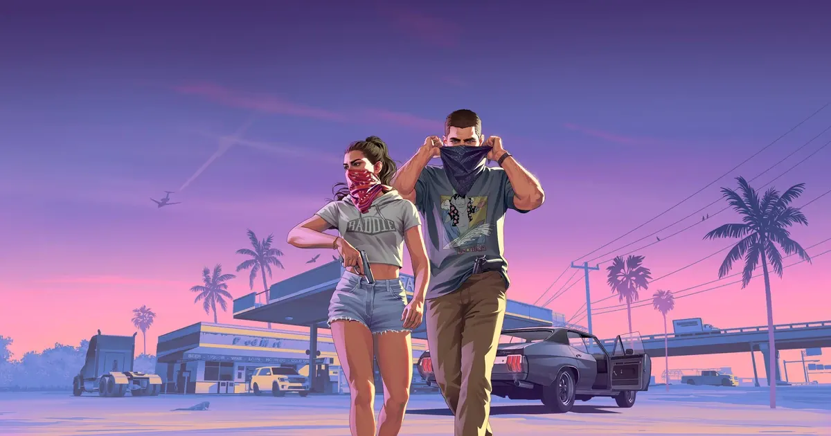 Lucia e Jason caminham diante de um posto de gasolina na arte oficial de GTA VI.