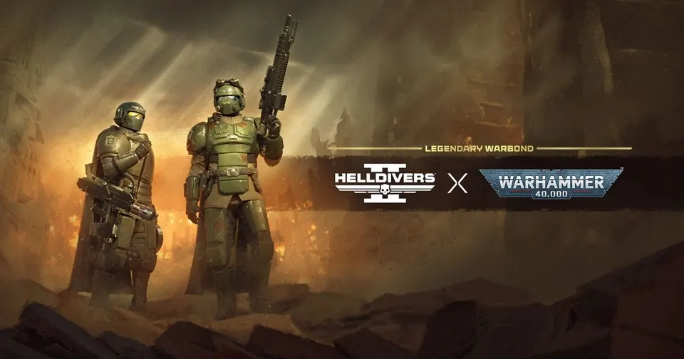 Dois soldados com armaduras dos Kasrkin na arte oficial do crossover de Helldivers 2 com Warhammer 40.000.
