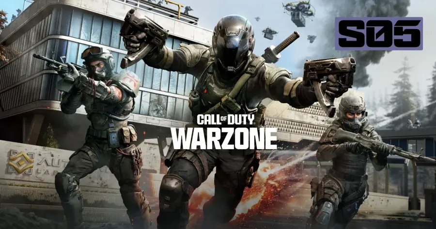 Operadores de Call of Duty avançam diante do logotipo da Temporada 5 de Warzone.